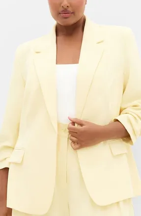 City Chic Abbie Ruched Sleeve Blazer in Lemon Drop at Nordstrom, Size 12W
