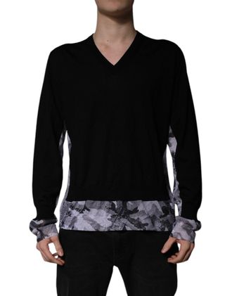 Dolce & Gabbana Mens Camouflage V-Neck Virgin Wool Sweater Black