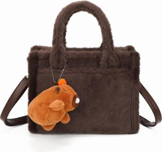 Generic Plush Faux Fur Handbag, with Orange Pumpkin Charm, Tote Style with Adjustable Shoulder Strap (Coffee)