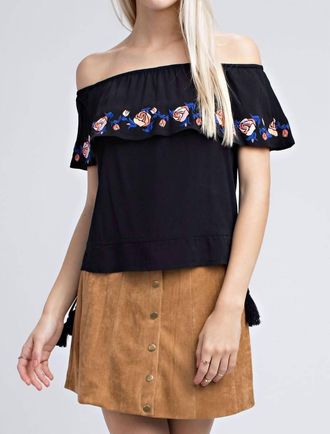 Honey Punch Strapless Embroidered Ruffle Top In Black