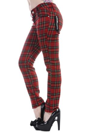Banned Womens Banned Red Tartan Plaid Check Emo Punk Skinny Trousers, Red, XL / 34Inches / UK 16