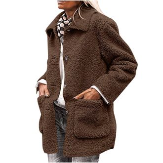 Generic Teddy Coats For Women Winter Coats For Women Faux Coat Long Sleeve Button Pockets Coat Fleece Jacket Casual Jackets For Trendy Womens Puffer Coat Plus
