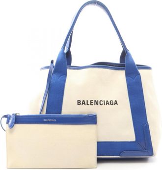 Balenciaga Blue White Canvas Leather Handbag Pouch Tote Bag (Pre-Owned)
