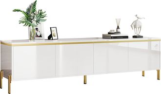 STILVORA Mueble De Tv Con 4 Puertas Y Pasacables, Blanco Brillo Con Detalles Dorados, 170&times;38&times;50 Cm, En Tablero De Part&iacute;culas