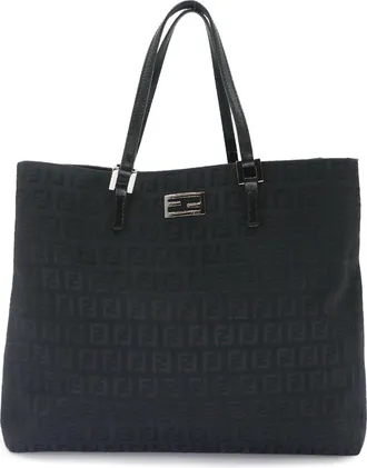Fendi Zucchino Black Canvas Leather Handbag Tote Bag (Pre-Owned)