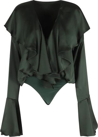 Norma Kamali Long Sleeve Deep V Ruffle Bodysuit - Dames - Bodies - Groen - XS - Polyester - Tops