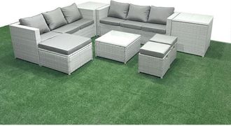 Fimous Rattan Garden Outdoor Furniture Set 9 Seater Rattan Garden Sofa Set with 3 Footstools 2 Side Tables Light Grey Mixed - Fimous