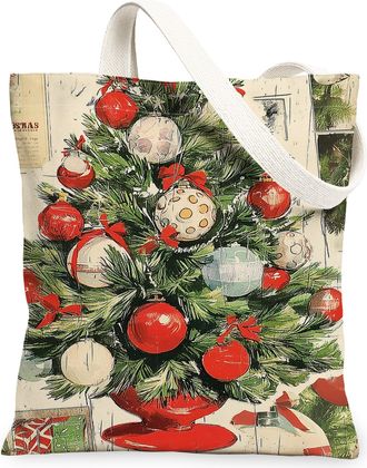 Generic Christmas Tree Canvas Tote Bags, Vintage Holiday Reusable Bags, Lightweight Washable Shoulder Strap Canvas for Travel Beach, Red, 13x15 Inch