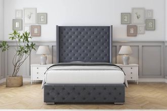 Sloomy Arundel Plush Bed Frame With 50 Upholstered Wingback Headboard in Dark Grey | Size: King
