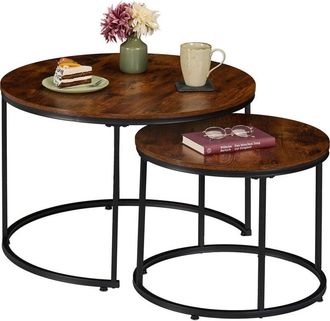 Relaxdays Relaxdays side tables, set of 2, wood effect & metal, industrial design, round tables, living room, brown/black