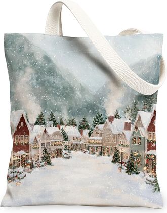 Generic Christmas Village Canvas Tote Bags, Winter Scene Reusable Grocery Bags, Vintage Lightweight Washable Shoulder Strap Canvas, White, 13x15 Inch
