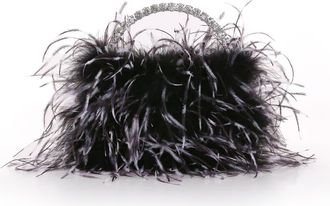 Badgley Mischka Raven Ostrich Feather Pouch Halfmoon Handle in Black White at Nordstrom, Size Small
