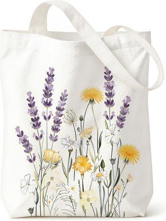 Generic Canvas Tote Bag for Women, Colorful Lavender Floral Canvas Tote Bag, Reusable Aesthetic Bags for Shopping, Gym, Work, Travel, Gift for Nature & Cottag