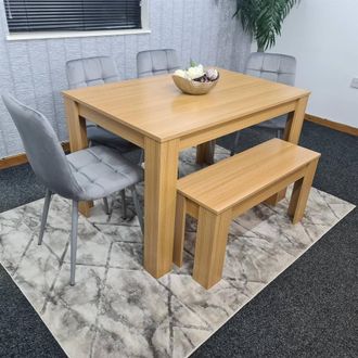 Kosy Koala 6 Seater Light Wood Dining Table Set with 4 Grey Velvet Chairs Bench in Brown