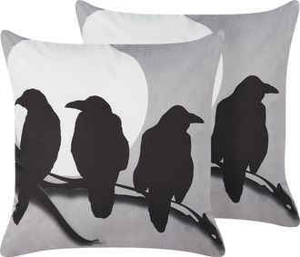 Beliani Conjunto De 2 Cojines De Terciopelo Gris Negro Blanco 45 X 45 Cm Cuervos Oradea