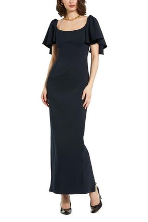 Mac Duggal Crepe Fitted Gown With Short Ruffle Sleeves in Navy at Nordstrom, Size 0