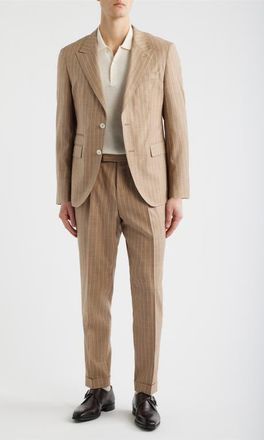 HUGO BOSS Heston Slim Fit Pinstripe Wool Blend Double Breasted Suit in Medium Beige at Nordstrom, Size 48 Regular