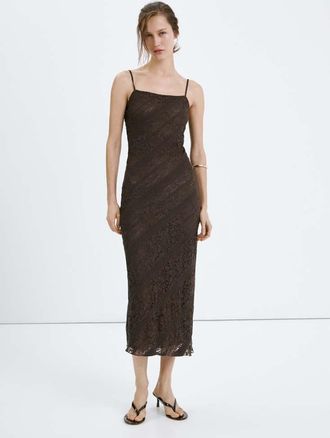 Mango Vestito lungo semitrasparente pizzo marrone - Donna - XXS - MANGO