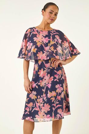 Roman Floral Print Cape Dress