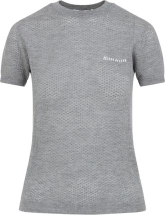 Miu Miu T-shirt con logo a intarsi - Grigio