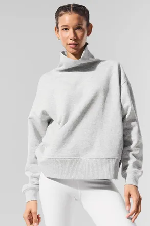 Alo | Hazy Mock Neck Pullover Top in Light Athletic Heather Grey, Size: Medium
