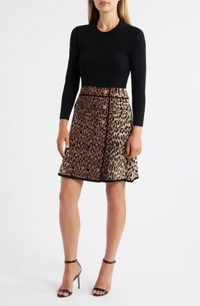 Eliza J Leopard Detail Long Sleeve Sweater Dress in Animal at Nordstrom, Size X-Large