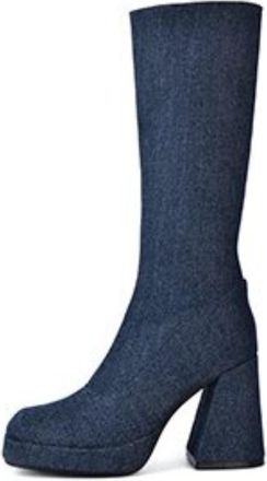 Generic Womens Knee-High Denim Fabric Boots Square Toe Side Zipper Thick Platform Chunky Block Heels Reinforced Stitching Durable Design,Dark Blue,5.5 UK