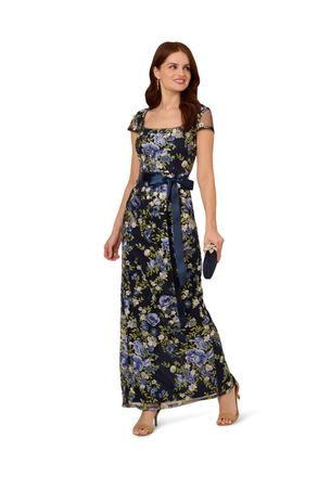 Adrianna Papell Womens Cascading Floral Column Gown - Blue - Size 10 UK