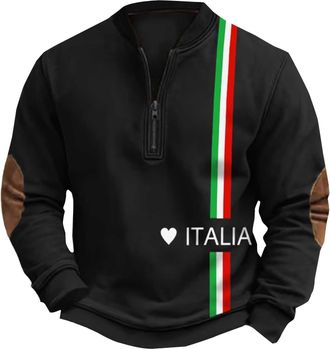 Generic Half Zip Up Mens Jumpers Casual Fashion Sweatshirts Italian Flag Printed Long Sleeve Shirts Pullover Quarter Zipper Sweatshirt Sport Gym Tops Mens Jum