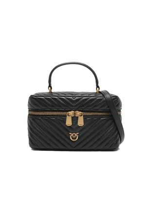 Pinko Handbag in Black Leather, Quilted with Handle and Adjustable Shoulder Strap, Zipper Closure, 23 x 14 x 8.5 cm, Antique Gold Galvanic