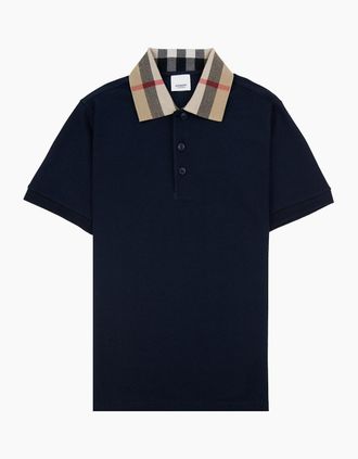 Burberry Mens Burberry Check Collar Cotton Polo Shirt Smoked Navy - Size: 36