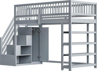 STILVORA Cama Alta 90 X 200 Cm, Individual Con Armario, Estantes Y Almacenaje, Sin Colch&oacute;n, Gris