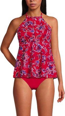 Lands End Flutter High Neck Halter Tankini Top in Strawberry Vintage Floral at Nordstrom, Size X-Large