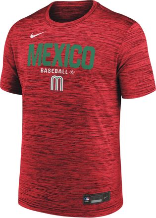 Nike Mexico National Baseball Team 2026 World Baseball Classic Velocity Nike Mens Dri-FIT T-Shirt in Red | 02ER62QWBX-ABV