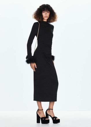 Mango Vestito midi polsini piume nero - Donna - XXS - MANGO