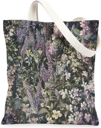 Generic Spring Aesthetic Lavender Canvas Tote Bag for Shopping 13x15, Vintage Flower Garden Reusable Grocery Print Bag for Women, Floral Wildflower Beach Aest