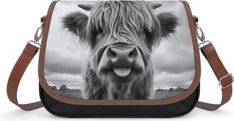 Generic Highland Cow Black And White Crossbody Bag Womens Handbag PU Message Bags Shoulder Purse with Adjustable Strap