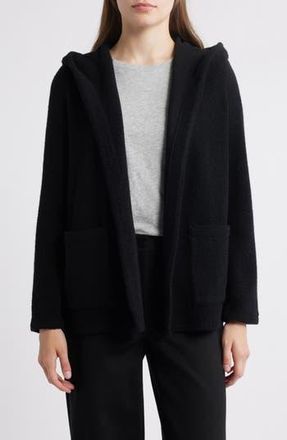 Eileen Fisher Open Front Recycled Wool Blend Boucl&eacute; Hooded Jacket in Black at Nordstrom Rack, Size Medium