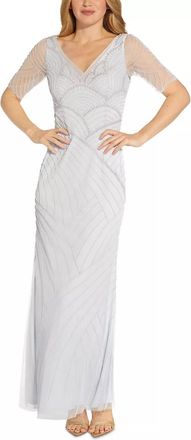 Adrianna Papell V-Neck Short Sleeve Beaded Mesh Dress In Serenity