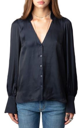 Zadig&Voltaire Tinous V-Neck Satin Shirt in Encre at Nordstrom, Size X-Small