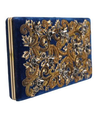 Dolce & Gabbana Womens Blue Velvet Gold Frame Clutch Evening Party Purse Bag Cotton