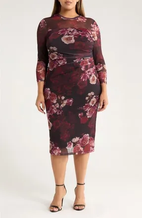 Anne Klein Ruched Long Sleeve Illusion Neck Midi Dress in Midnight Chianti Multi at Nordstrom, Size 2X
