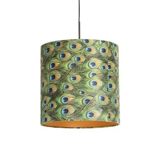 QAZQA Cl&aacute;sico/antiguo L&aacute;mpara Colgante Con Pantalla De Terciopelo Pavo Real Con Dorado 40 Cm - Combi Textil /acero Cil&iacute;ndra /alargada /redonda Adecuado Para