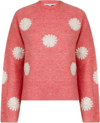 Amara Reya Womens Drop Shoulder Embroidered Crew Neck Rib Knit Jumper