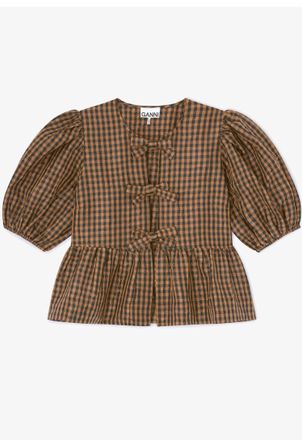 Ganni Womens Crinkled Taffeta Check Peplum Blouse