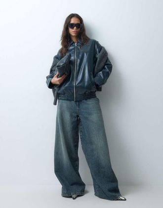 New Look giacca in pelle sintetica con orlo bombato navy-blu navy