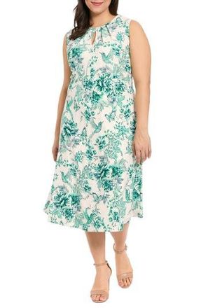 London Times Floral Keyhole A-Line Midi Dress in Soft White/Teal at Nordstrom Rack, Size 16W