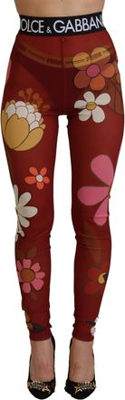 Dolce & Gabbana Red Floral Leggings Stretch Waist Womens Pants