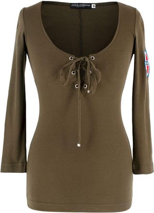 Dolce & Gabbana Khaki Ribbed Lace Up Detail Top Size XS