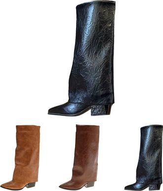 Generic Mid Calf Boots for Womens Fold Over Pointed Toe Boots Ladies Chunky Heel Pull-On Shoes Winter Waterproof Slip Resistant Rouched Shoes for Dates, Parti